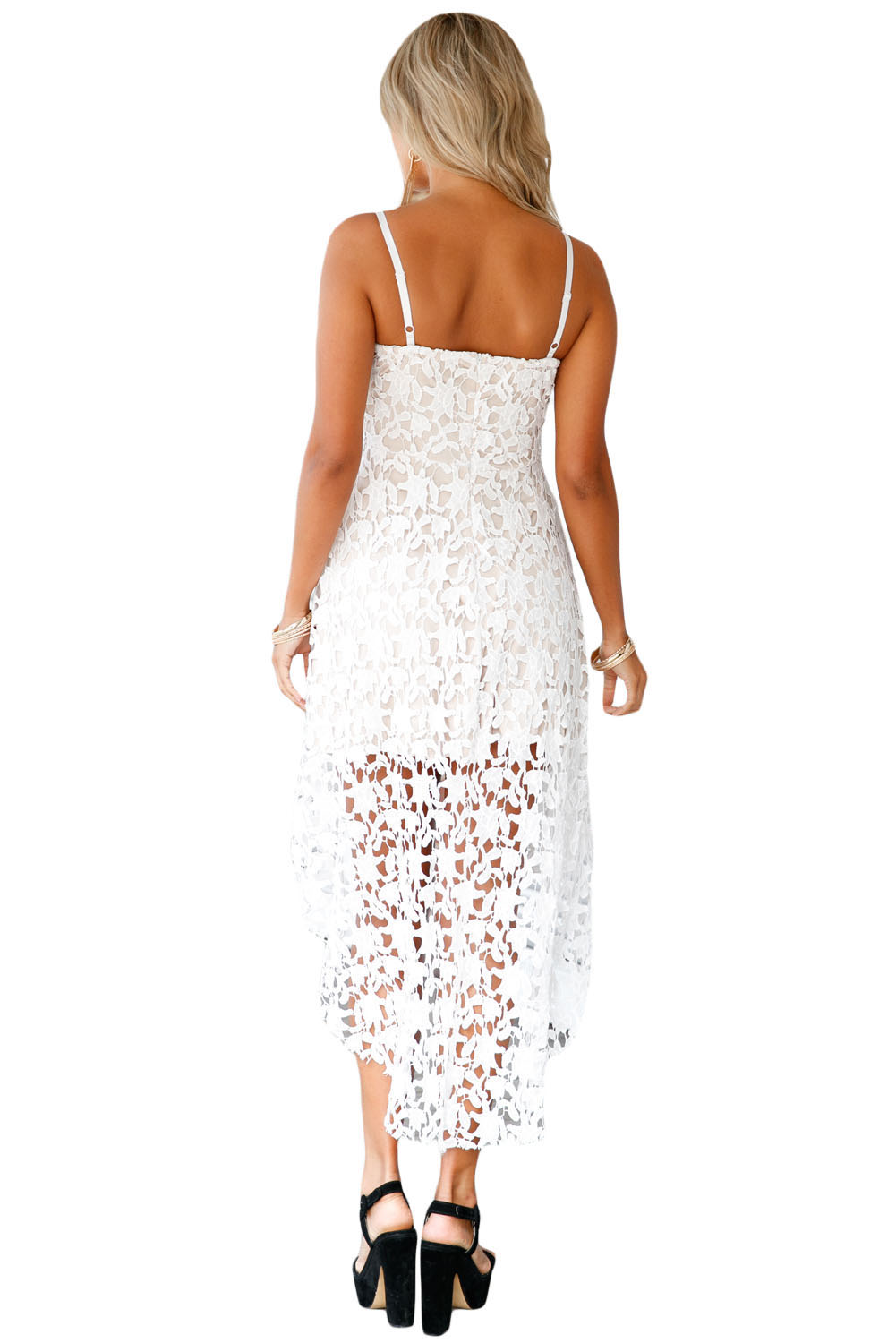 BY61443-1 White Hollow Lace Nude Illusion Hi-low Party Dress